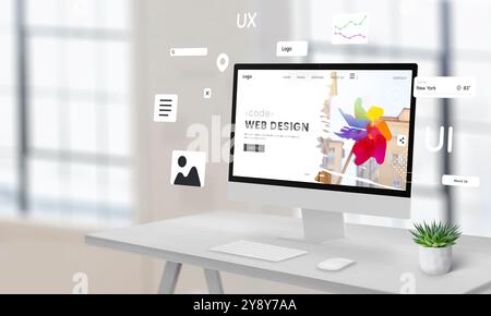 Display per computer su una scrivania con una pagina di studio di web design con moduli di creazione di siti web fluttuanti, circondato da spazi vuoti per la pubblicità Foto Stock