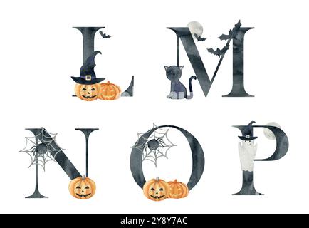 Lettere vettoriali di halloween in acquerello per inviti, biglietti di auguri, compleanno, logo, poster, ecc.. Illustrazione Vettoriale