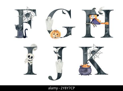 Lettere vettoriali di halloween in acquerello per inviti, biglietti di auguri, compleanno, logo, poster, ecc.. Illustrazione Vettoriale