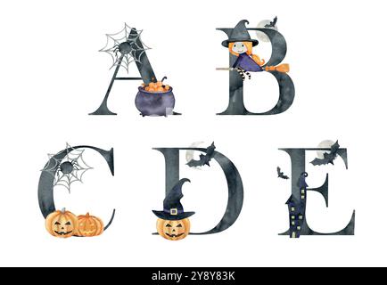 Lettere vettoriali di halloween in acquerello per inviti, biglietti di auguri, compleanno, logo, poster, ecc.. Illustrazione Vettoriale