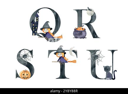 Lettere vettoriali di halloween in acquerello per inviti, biglietti di auguri, compleanno, logo, poster, ecc.. Illustrazione Vettoriale