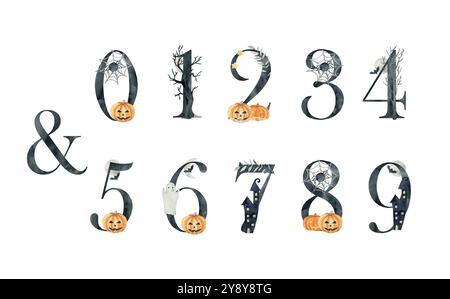 Numeri vettoriali di halloween acquerello per inviti, biglietti di auguri, compleanno, logo, poster. Illustrazione Vettoriale