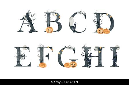 Lettere vettoriali di halloween acquerello per inviti, biglietti di auguri, compleanno, logo, poster. Illustrazione Vettoriale