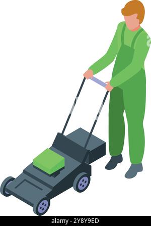 Il prato da giardiniere è dotato di un moderno rasaerba con un'illustrazione isometrica Illustrazione Vettoriale