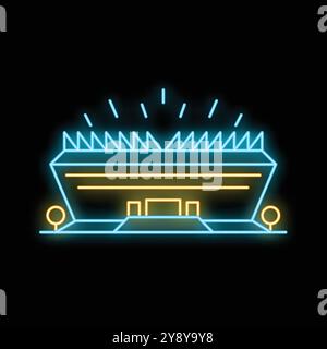 Insegna al neon raffigurante uno stadio di notte, con luci luminose che brillano dall'alto Illustrazione Vettoriale