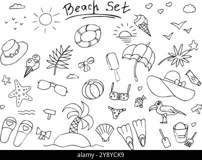 Scarabocchi disegnati a mano in estate, feste in spiaggia, vacanze e viaggi. Illustrazione Vettoriale