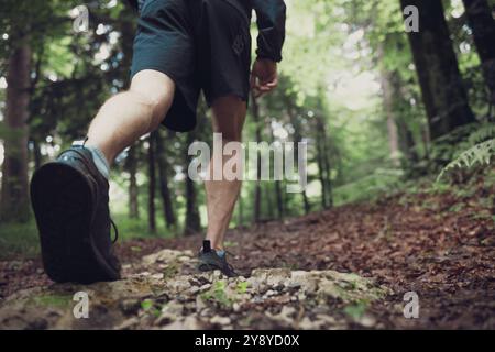 Atletica non riconosciuta, atletica maschile che corre su un sentiero nella foresta in autunno Foto Stock