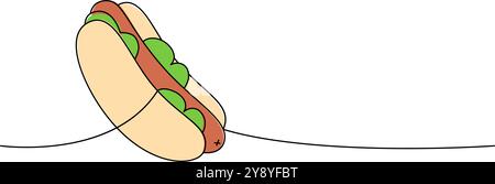 Disegno continuo con una linea colorata dell'hot dog. Gustoso fast food. Illustrazione lineare vettoriale. Illustrazione Vettoriale