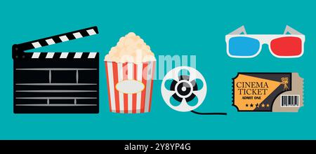 I simboli iconici dell'esperienza cinematografica includono deliziosi popcorn, biglietti per il cinema e il classico clapperboard Illustrazione Vettoriale