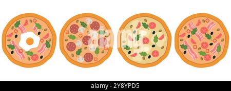 Quattro pizze colorate e vivaci in stile cartoni animati mostrano un'ampia varietà di condimenti diversi e ingredienti deliziosi Illustrazione Vettoriale