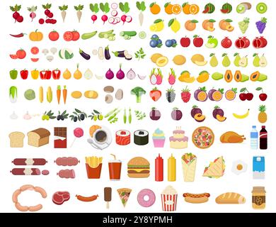 Un assortimento vivace e colorato di icone del cibo emojistyle con una varietà di frutta, verdura e spuntini Illustrazione Vettoriale