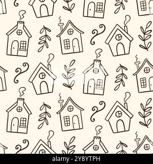 Disegno a doodle per case accoglienti, motivo senza cuciture carino Illustrazione Vettoriale