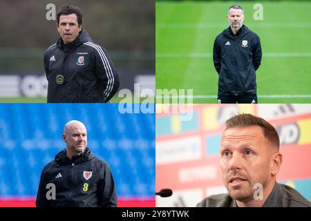 Un'immagine di montaggio dei manager della nazionale di calcio del Galles dal 2012 al 2024: Chris Coleman, Ryan Giggs, Rob Page e Craig Bellamy. Foto Stock