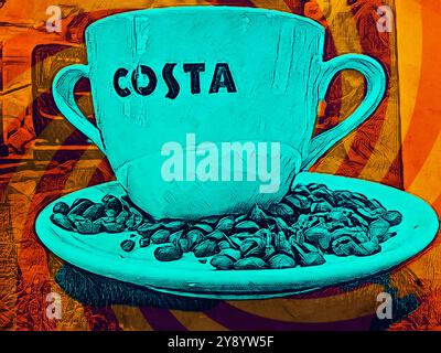 Immagine stilizzata di una tazza di caffè Costa appoggiata su un piattino pieno di chicchi di caffè. Foto Stock