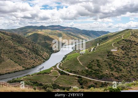 Famosa valle del Douro, patrimonio mondiale dell'umanità, con terrazze di viti e il fiume, una nave da crociera che passa accanto, vicino al villaggio Villa Nova de Foz COA, Portogallo Foto Stock