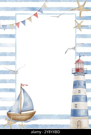 Modello ad acquerello con faro e nave per biglietti di auguri per bambini o inviti per bambini. Disegno di Frame con barca a vela e faro nei colori blu pastello e beige. Illustrazione nautica. Foto Stock