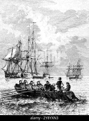 Napoleone arriva nel Golfo di Juan in barca nel 1815, Vallauris, Francia, illustrazione storica 1882 Foto Stock