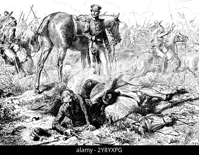 Cavallo del feldmaresciallo prussiano Blücher sparato nella battaglia di Ligny, in Belgio, nel giugno 1815, sorvegliato dal conte Nistuz, illustrazione storica 1882 Foto Stock