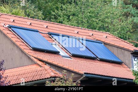 Tetto coperto da pannelli solari. Energia pulita e concetto di vita verde. Casa in natura. Foto Stock