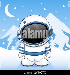 Un simpatico astronauta dei cartoni animati in montagna di notte. Illustrazione vettoriale invernale su sfondo blu. Illustrazione Vettoriale