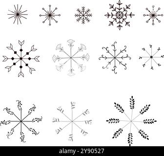 Fiocchi di neve vettoriale di disegno scarabocchio. Collezione di fiocchi di neve disegnati a mano isolati su sfondo bianco per biglietti d'auguri, design invernale. Illustrazione Vettoriale