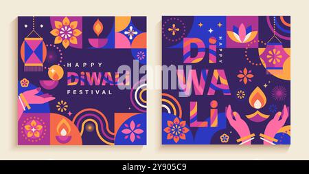 Imposta i biglietti del festival Diwali con i simboli delle festività. Illustrazione Vettoriale