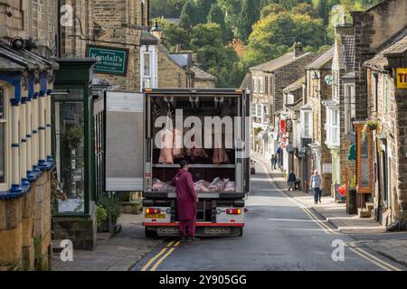 Consegna della carne ai macellai Kendalls Farm - Pateley Bridge, Nidderdale, North Yorkshire, Inghilterra, Regno Unito Foto Stock