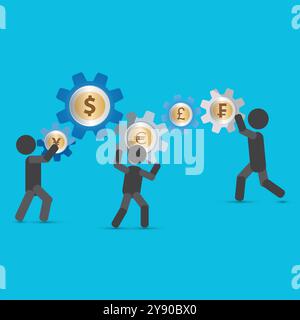 Persone che hanno un ingranaggio a cremagliera con monete diverse come dollaro, sterlina, euro, franco svizzero e yen Illustrazione Vettoriale