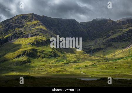 Gioco di luci e ombre attraverso la lussureggiante erba verde dei pendii di montagna a Doo Lough Valley, Glencullin Mountain, Contea di Mayo, Irlanda Foto Stock