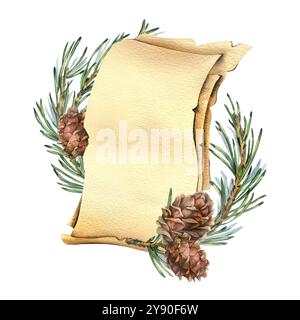 Modello vuoto per il testo da fogli artigianali decorati con rami di pino e coni di cedro. Illustrazione acquerello Capodanno Natale disegnato a mano Foto Stock