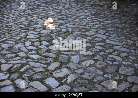 Strada d'epoca fatta di pietre. Pietre sulla strada. Sfondo di pietre. Foto di alta qualità Foto Stock