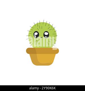 Cactus carino con occhi vettoriali. Icona vettoriale del cactus cartoni animati. Il cactus pungente è vivo. Faccia di Cactus per il vettore del marchio. Verde succulento. Illustrazione Vettoriale