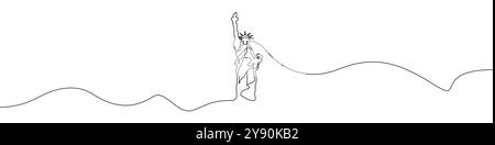 Icona Statua della libertà, vettore di disegno continuo. Sfondo vettoriale dell'icona Statua della libertà su una riga. Icona della Statua della libertà degli Stati Uniti. Continuo Illustrazione Vettoriale