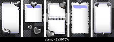Set Brat di modelli di storie di cuori metallizzati al cromo. Illustrazione in nero e argento in stile realistico, perfetta per inviti, celebrazioni, social Illustrazione Vettoriale