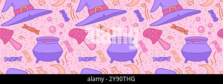 Halloween senza cuciture. Caldaia per streghe con pozione, caramelle, cappello da strega, funghi e stelle. Illustrazione vettoriale in stile cartone animato con contorno Illustrazione Vettoriale