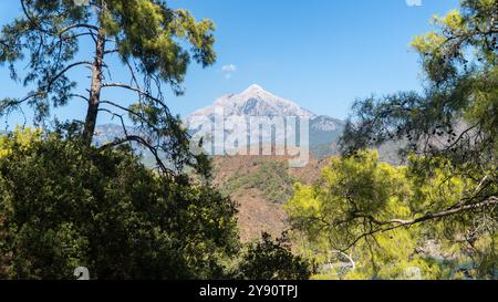 La vetta del monte Tahtali Olympos, vista dalla via Licia a Cirali, Antalya, Turchia. Il paesaggio panoramico presenta foreste lussureggianti, cieli blu e rugg Foto Stock