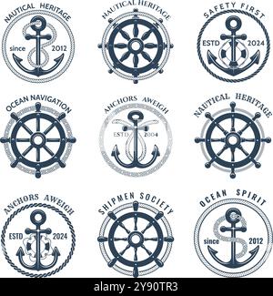 Set emblemi monocromatici nautici. Illustrazione vettoriale isolata per catene e funi del volante salvagente dell'ancoraggio della nave Illustrazione Vettoriale