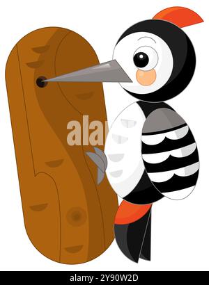 scena di cartoni animati con uccello picchio su sfondo bianco per bambini Foto Stock