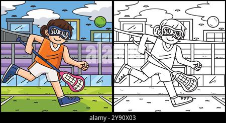 Figura della giocatrice che insegue la pallina Lacrosse Illustrazione Vettoriale