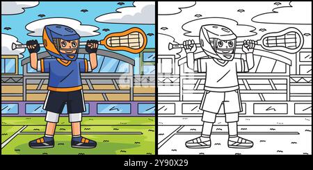 Giocatore di lacrosse con illustrazione colorazione bastone Illustrazione Vettoriale