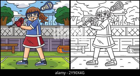 Illustrazione della pagina da colorare del giocatore Lacrosse femminile Illustrazione Vettoriale