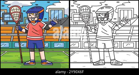 Illustrazione della pagina colorata del giocatore di lacrosse Illustrazione Vettoriale