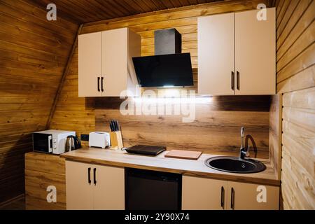 Cabina interna moderna in legno con cucina e zona loft, perfetta per rilassarsi e rifugi accoglienti Foto Stock