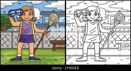 Illustrazione del bastone degli occhiali di protezione per il giocatore Lacrosse femminile Illustrazione Vettoriale