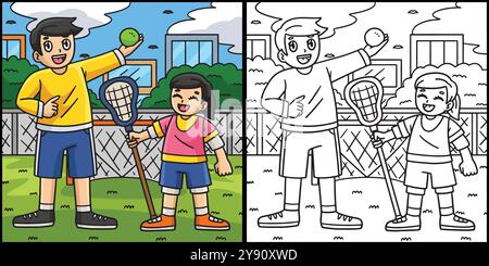 Papà che insegna la figlia Lacrosse illustrazione Illustrazione Vettoriale