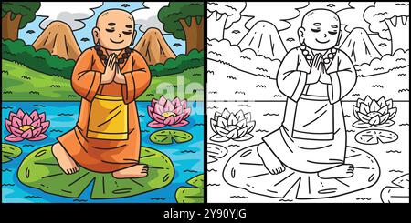 Buddha buddhista su Lily Pad illustrazione colorata Illustrazione Vettoriale