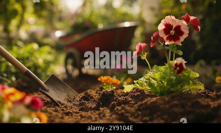 Fiori luminosi fioriscono in un giardino illuminato dal sole, con una carriola sullo sfondo, che cattura un momento di lavoro di giardinaggio. Foto Stock