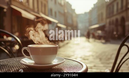 Una tazza di caffè fumante in una tazza gialla siede su un tavolo da caffe' all'aperto illuminato dal sole, creando un'atmosfera intima mattutina. Foto Stock