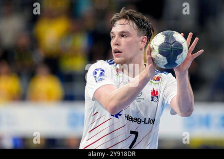 Mannheim, Germania. 7 ottobre 2024. Leif Tissier (Amburgo, 7), AM Ball, Einzelbild, Einzelfoto, Aktion, Action, 07.10.2024, Mannheim (Deutschland), Handball, Bundesliga, Rhein-Neckar Löwen - Handball Sport Verein Hamburg crediti: dpa/Alamy Live News Foto Stock