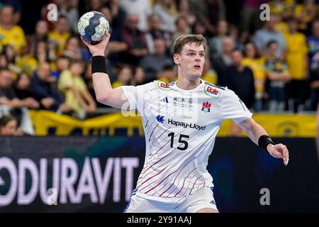 Mannheim, Germania. 7 ottobre 2024. Dominik Axmann (Amburgo, 15), AM Ball, Einzelbild, Einzelfoto, Aktion, Action, 07.10.2024, Mannheim (Deutschland), Handball, Bundesliga, Rhein-Neckar Löwen - Handball Sport Verein Hamburg crediti: dpa/Alamy Live News Foto Stock